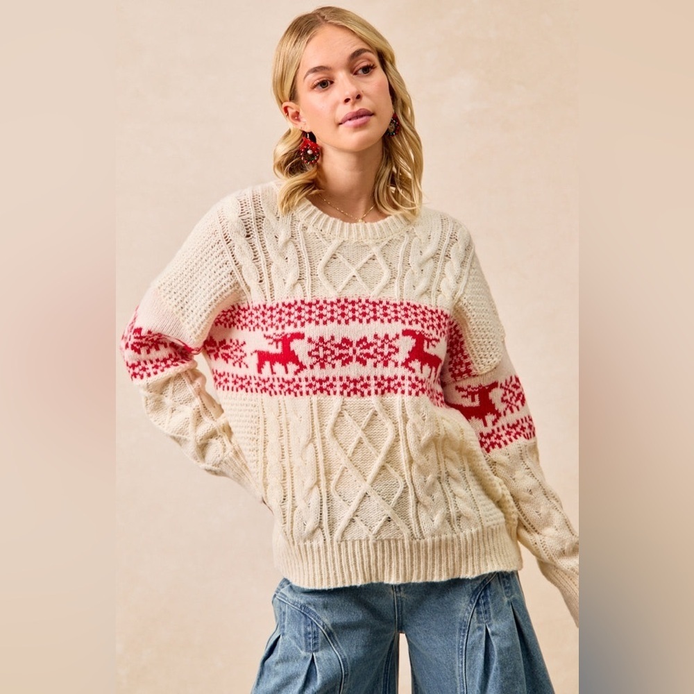 ⚡️ 📦 BiBi “ Nordic Nights “ Cableknit Fair Isle Sweater | Cream - Picture 8 of 10